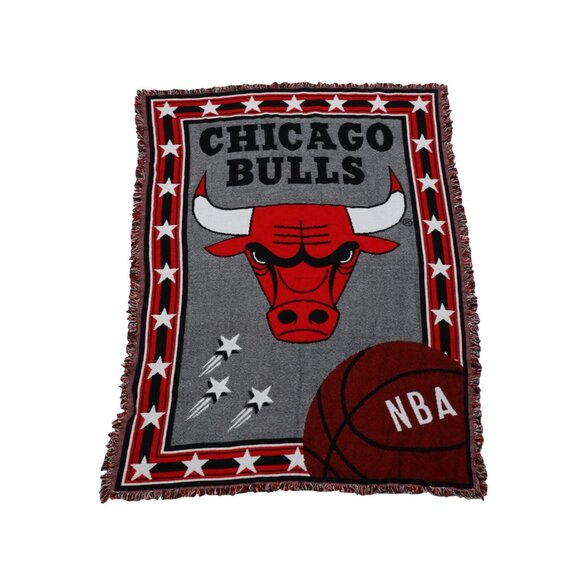 Vintage 90s Spell Out Chicago Bulls Basketball Fringed Blanket 46"x59" USA - Picture 1 of 12